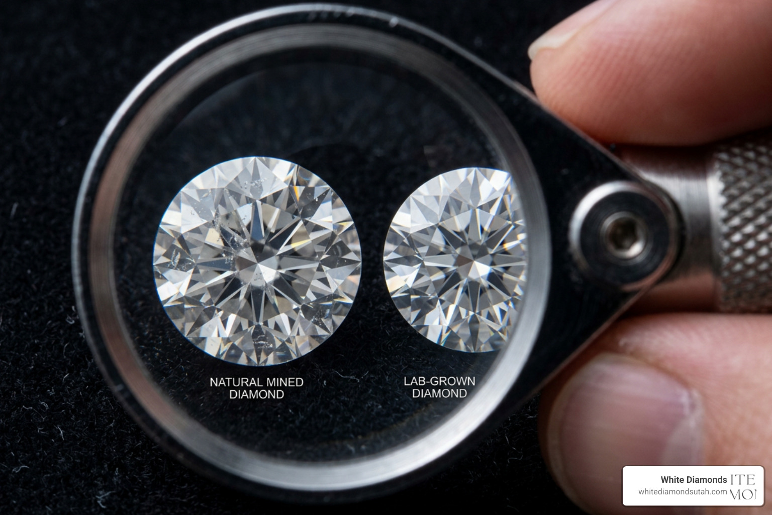 comparison of natural mined diamond and lab grown diamond under a loupe