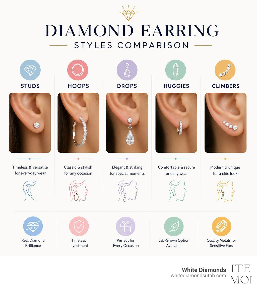 diamond earring styles comparison infographic with studs hoops drops huggies and climbers infographic
