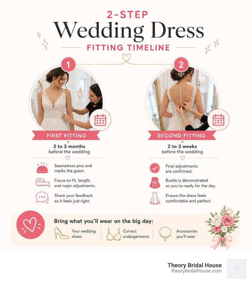 Infographic showing 2-step wedding dress fitting timeline with key tips for each appointment infographic