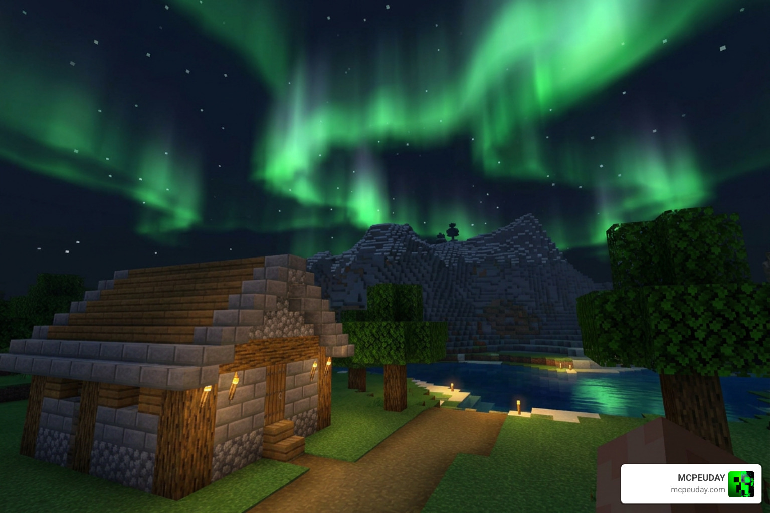 Stunning Aurora Borealis green lights in Minecraft Bedrock sky Stunning Aurora Borealis green lights in Minecraft Bedrock sky