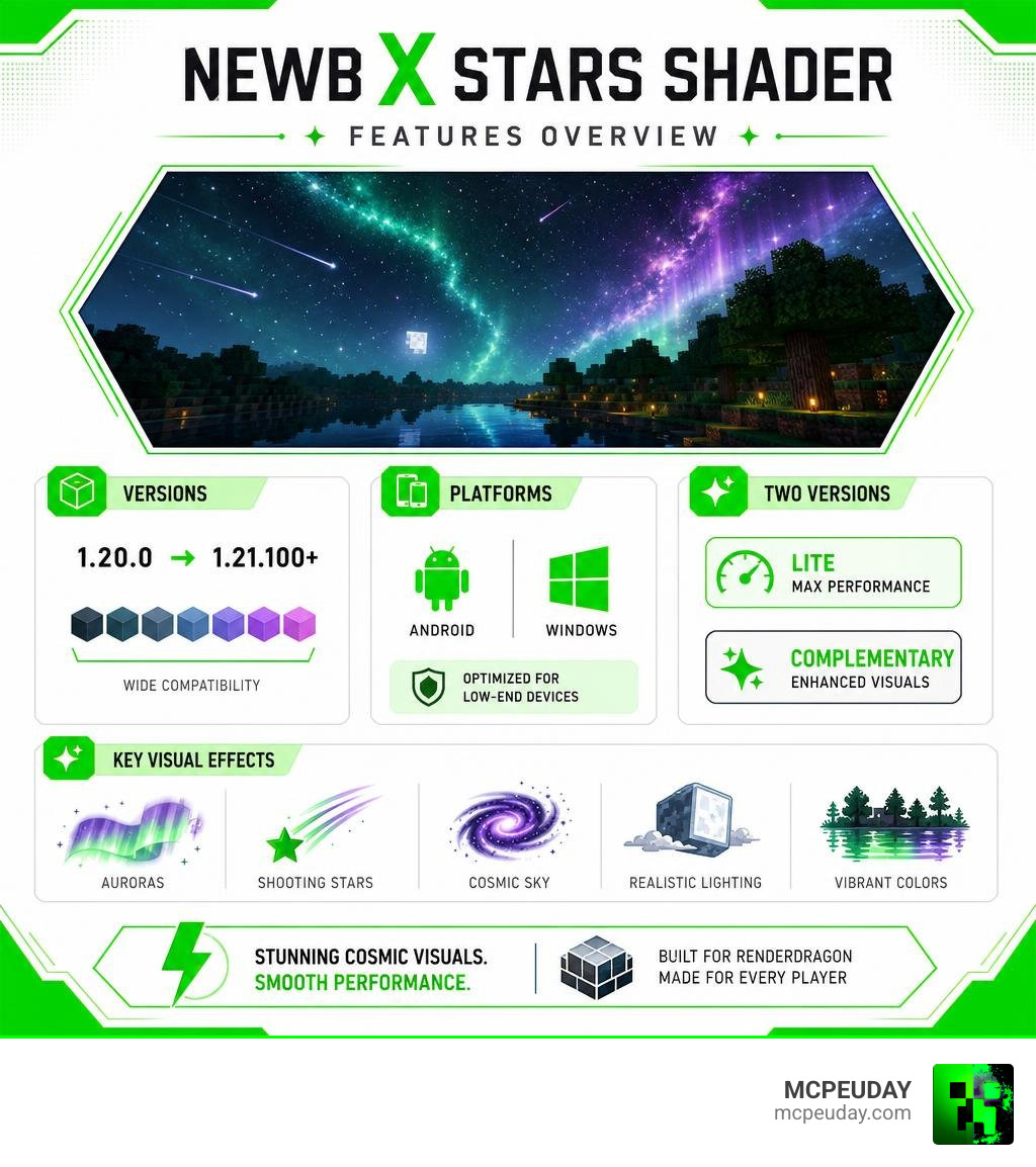 Newb X Stars Shader features overview infographic with versions, platforms, and key visual effects infographic Newb X Stars Shader features overview infographic with versions, platforms, and key visual effects infographic