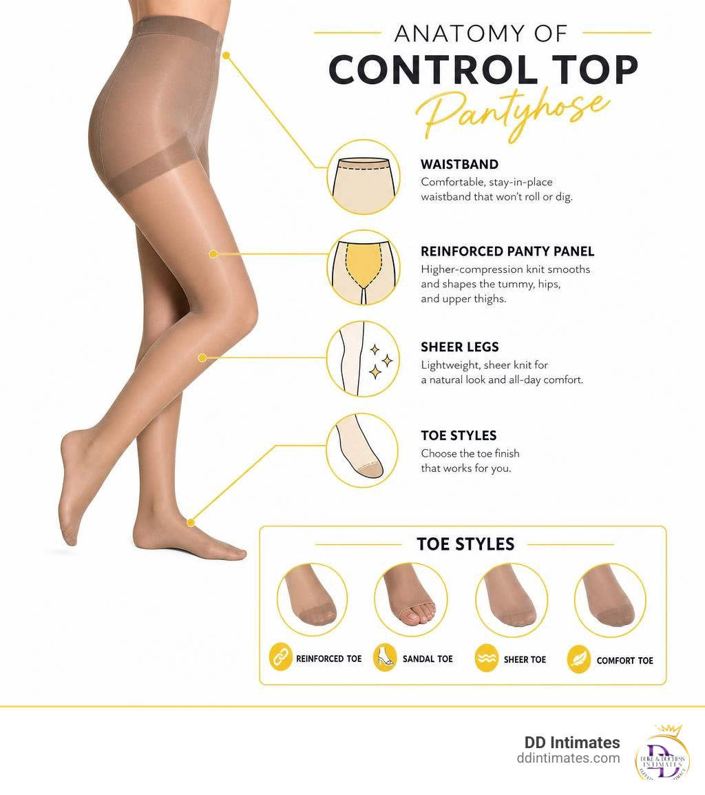 Infographic showing anatomy of control top pantyhose: waistband, reinforced panty panel, sheer legs, toe styles infographic