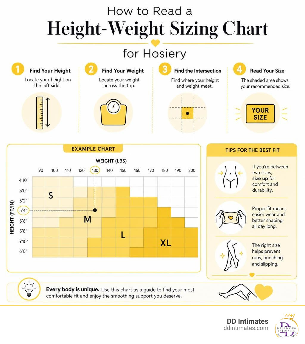 Infographic detailing how to read a height-weight sizing chart for hosiery infographic
