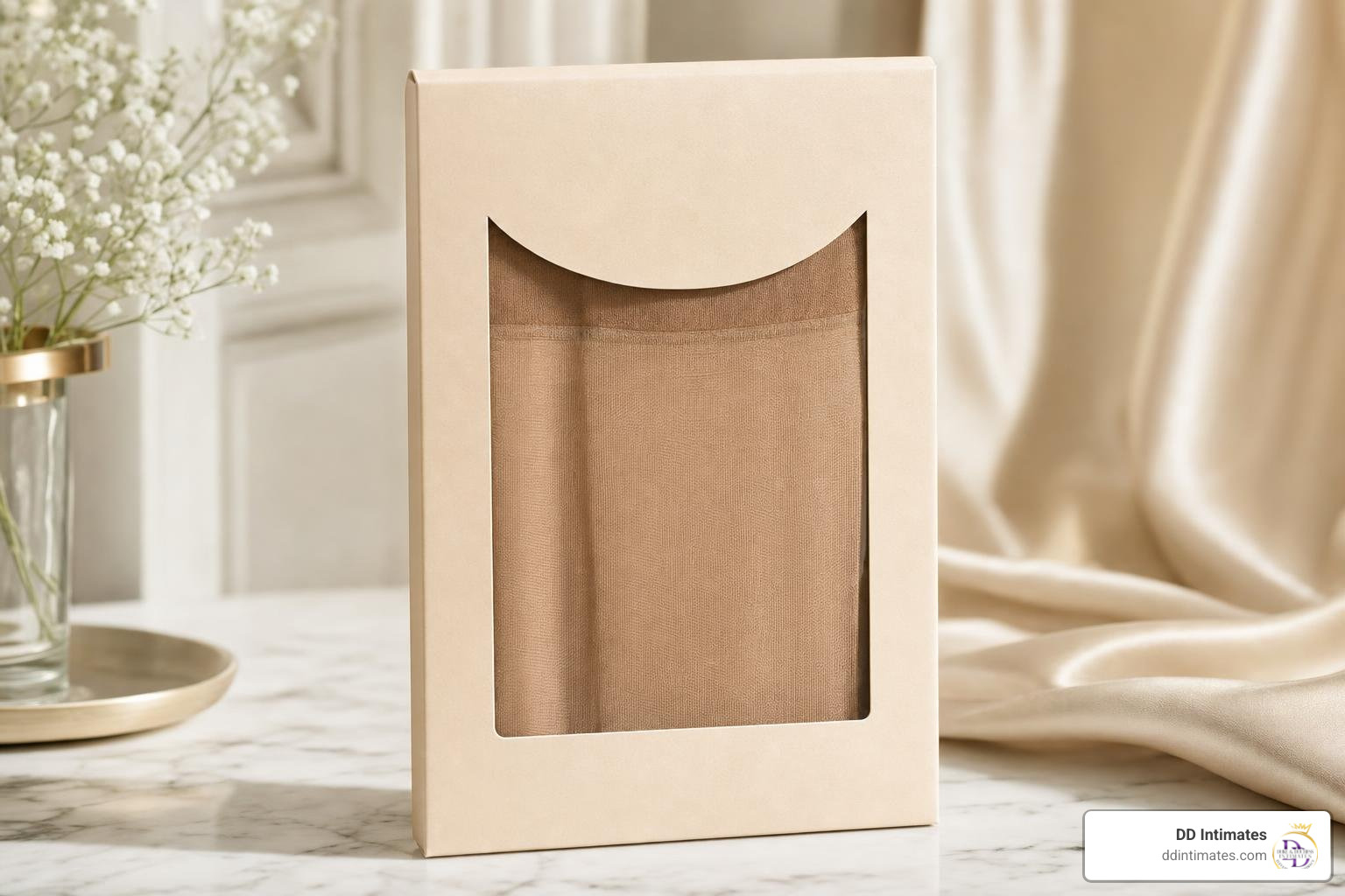 Premium control top hosiery packaging showcasing sheer fabric