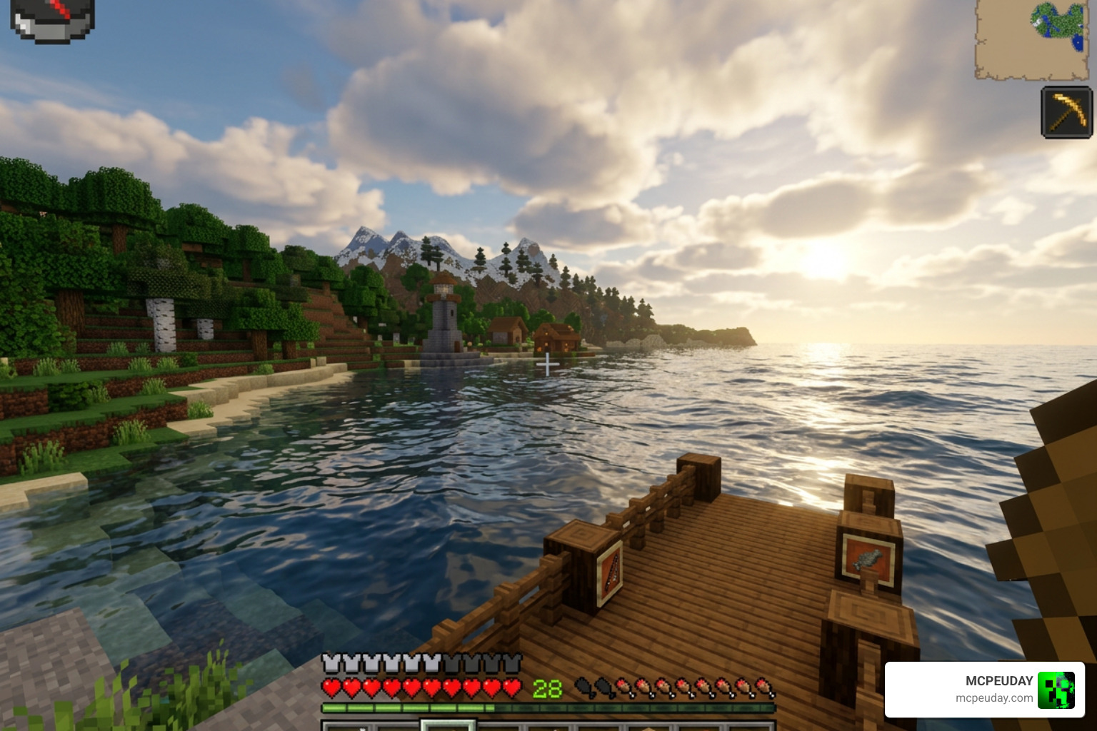 Realistic water waves and soft volumetric clouds in Minecraft Bedrock using Newb X Dawn