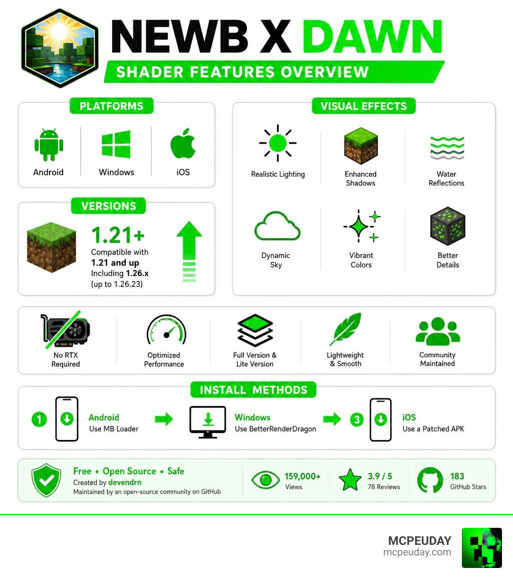 Newb X Dawn Shader features overview infographic: platforms, visual effects, versions, and install methods infographic