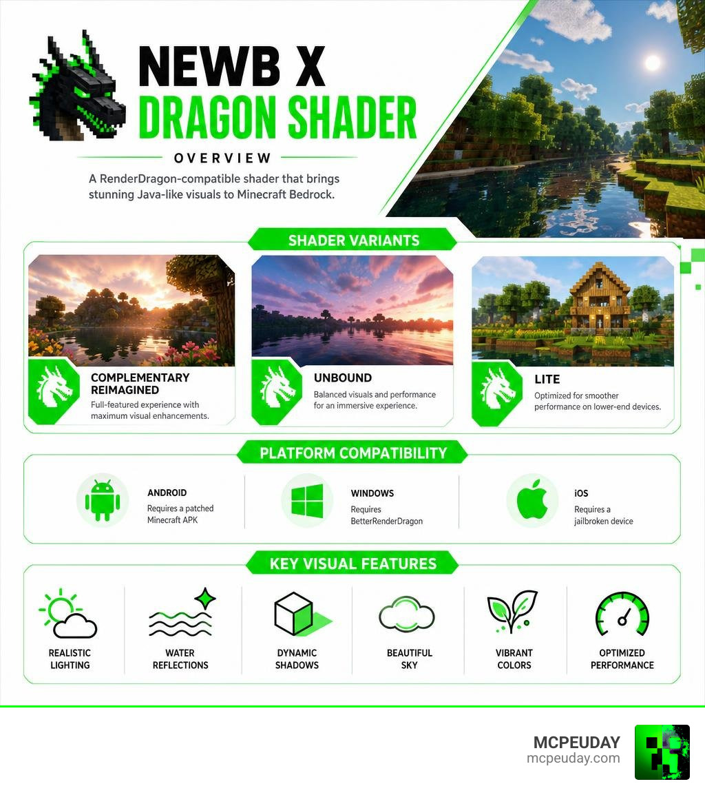 Newb X Dragon Shader overview infographic: variants, platform compatibility, and key visual features infographic