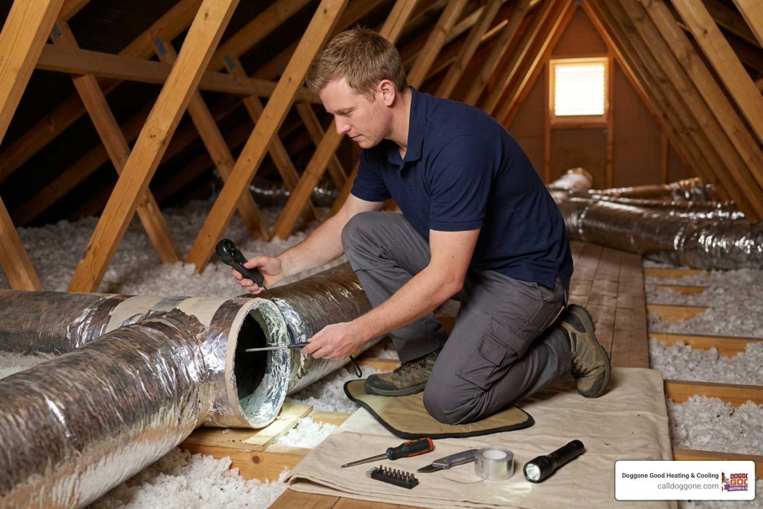 technician inspecting residential ductwork to ensure high efficiency performance technician inspecting residential ductwork to ensure high efficiency performance