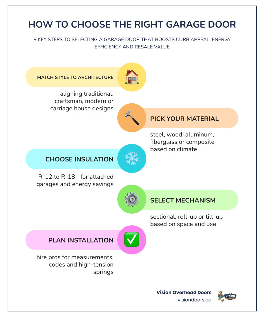 Step-by-step garage door selection process infographic: style, material, insulation, mechanism, measurement, security Step-by-step garage door selection process infographic: style, material, insulation, mechanism, measurement, security