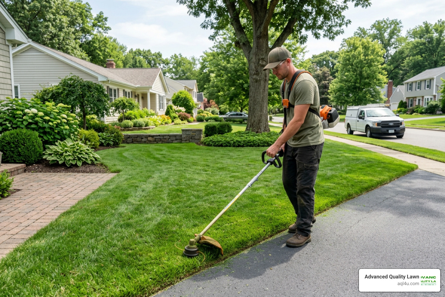 A professional technician using a string trimmer to edge a clean lawn border