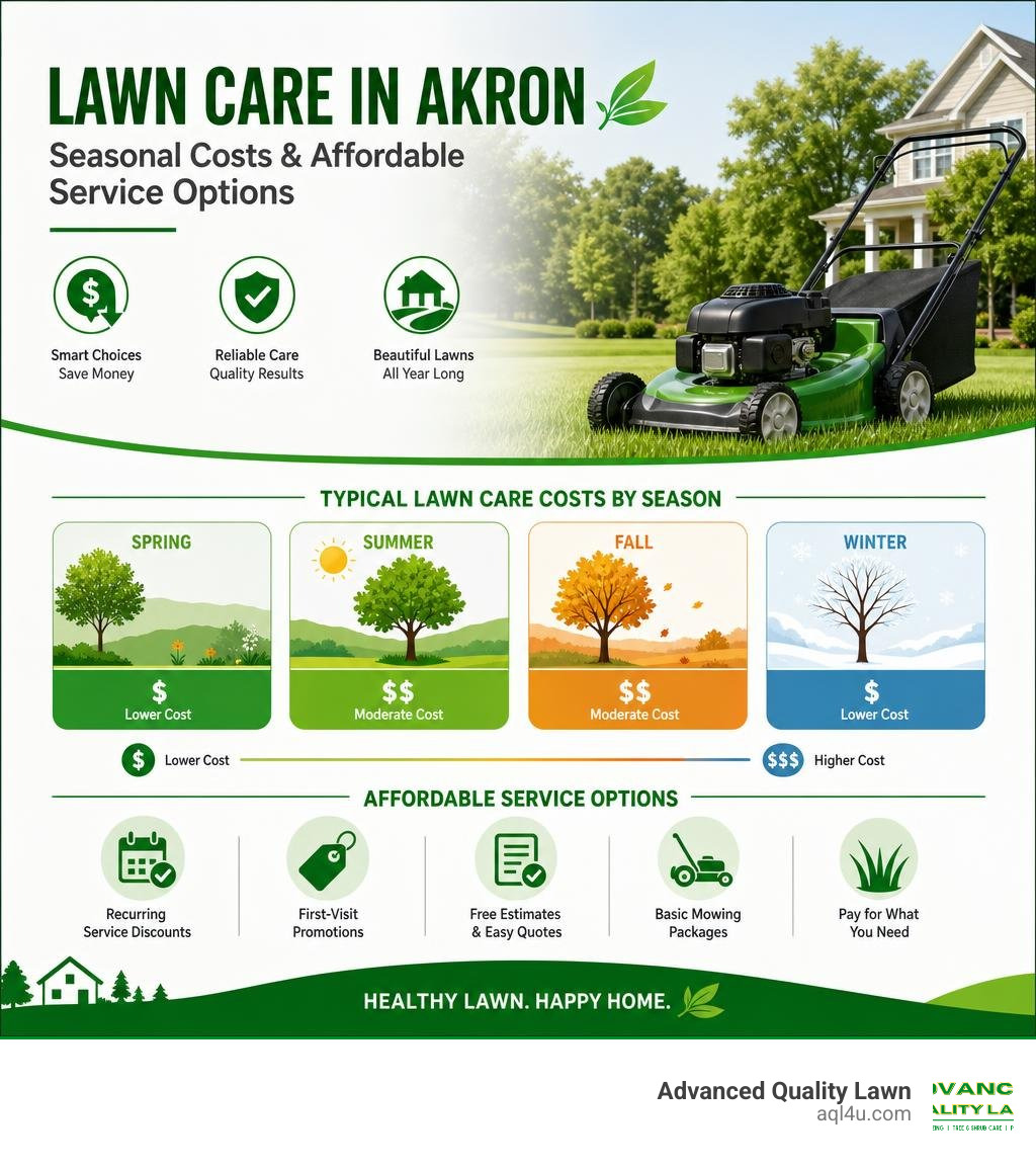 Infographic showing seasonal lawn care costs and affordable service options in Akron Ohio infographic