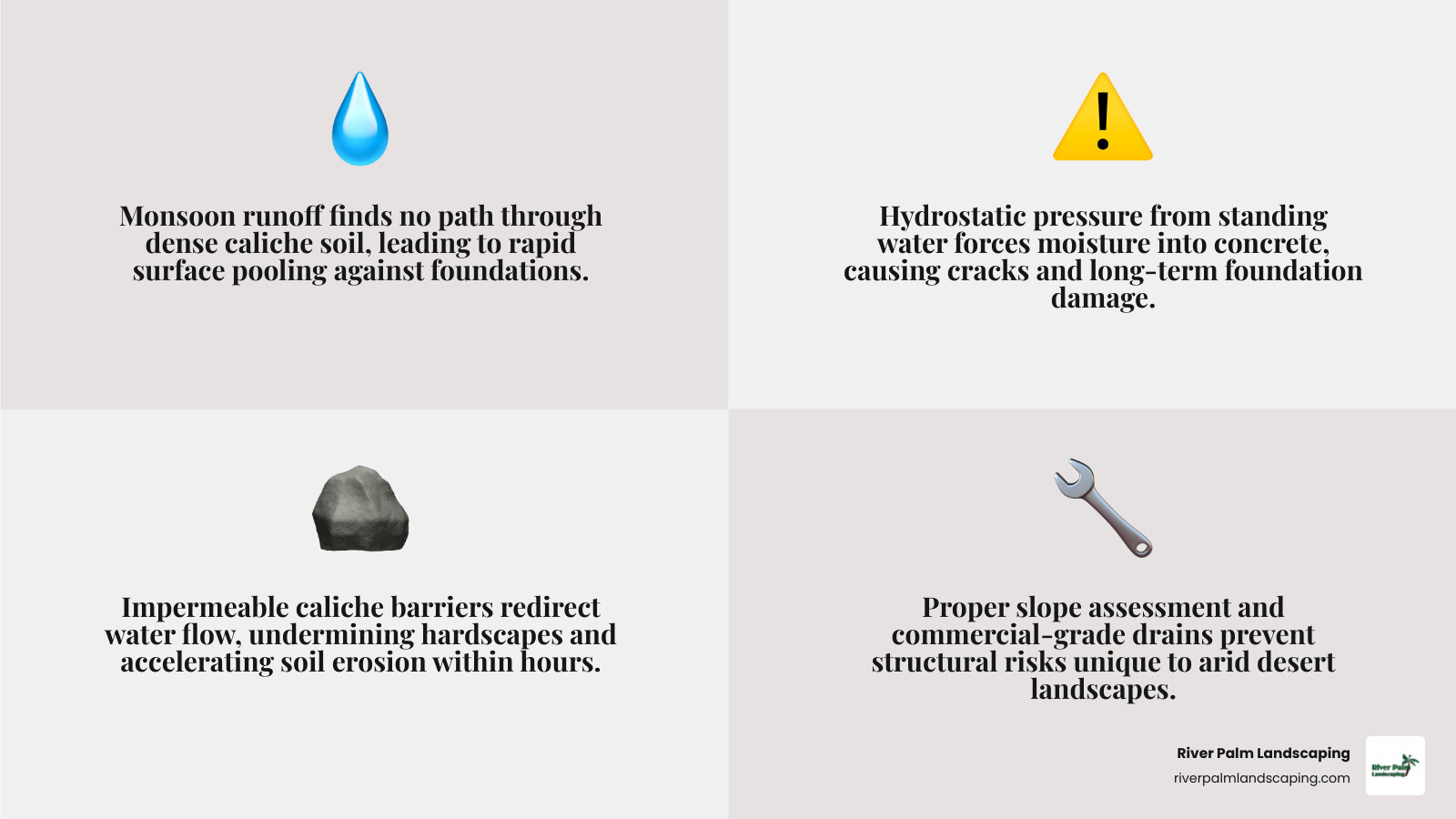 Desert yard drainage dynamics: caliche soil, surface grading, hydrostatic pressure, and monsoon runoff flow infographic
