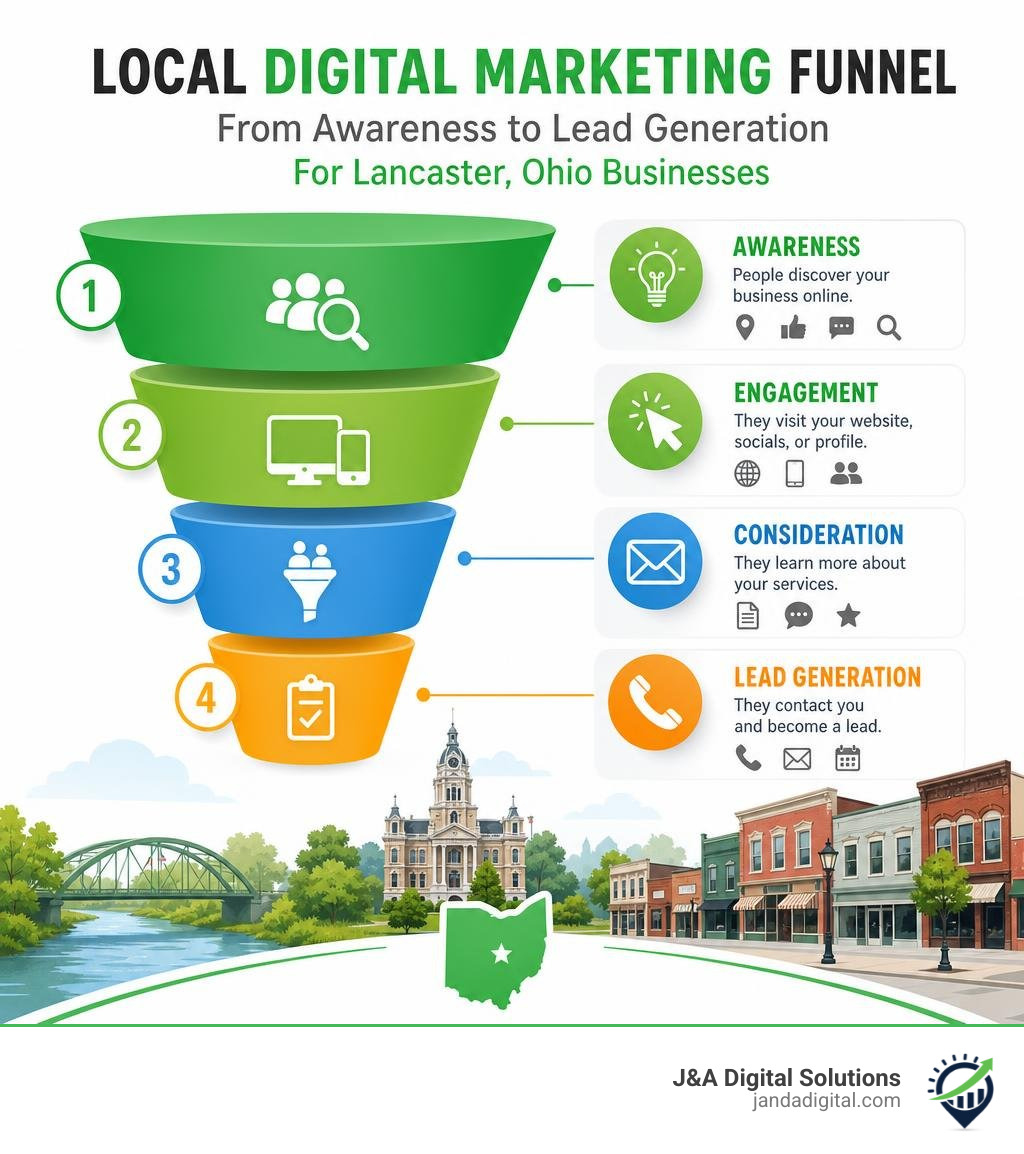 Local digital marketing funnel showing awareness to lead generation for Lancaster Ohio businesses infographic Local digital marketing funnel showing awareness to lead generation for Lancaster Ohio businesses infographic