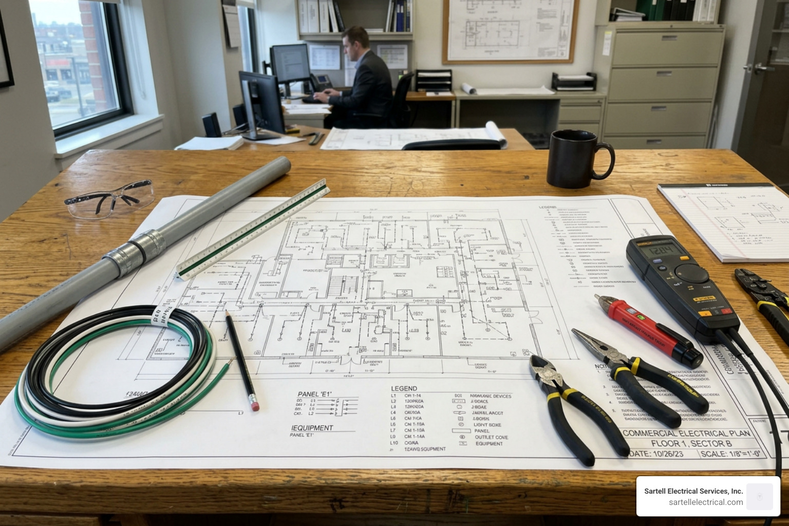 Detailed commercial electrical blueprints and tools on a construction desk Detailed commercial electrical blueprints and tools on a construction desk