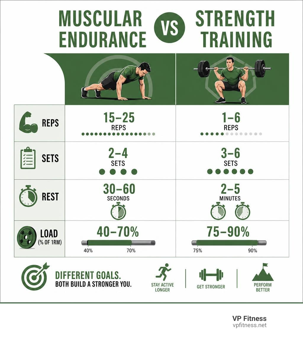 Infographic comparing muscular endurance vs strength training: reps, sets, rest, and load percentages infographic Infographic comparing muscular endurance vs strength training: reps, sets, rest, and load percentages infographic