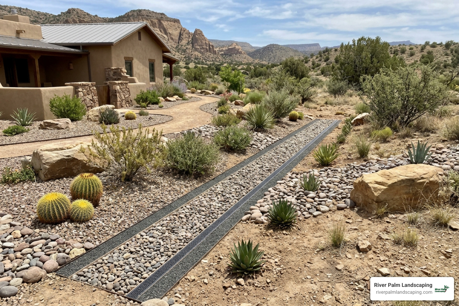 Finished French drain integrated into desert landscape