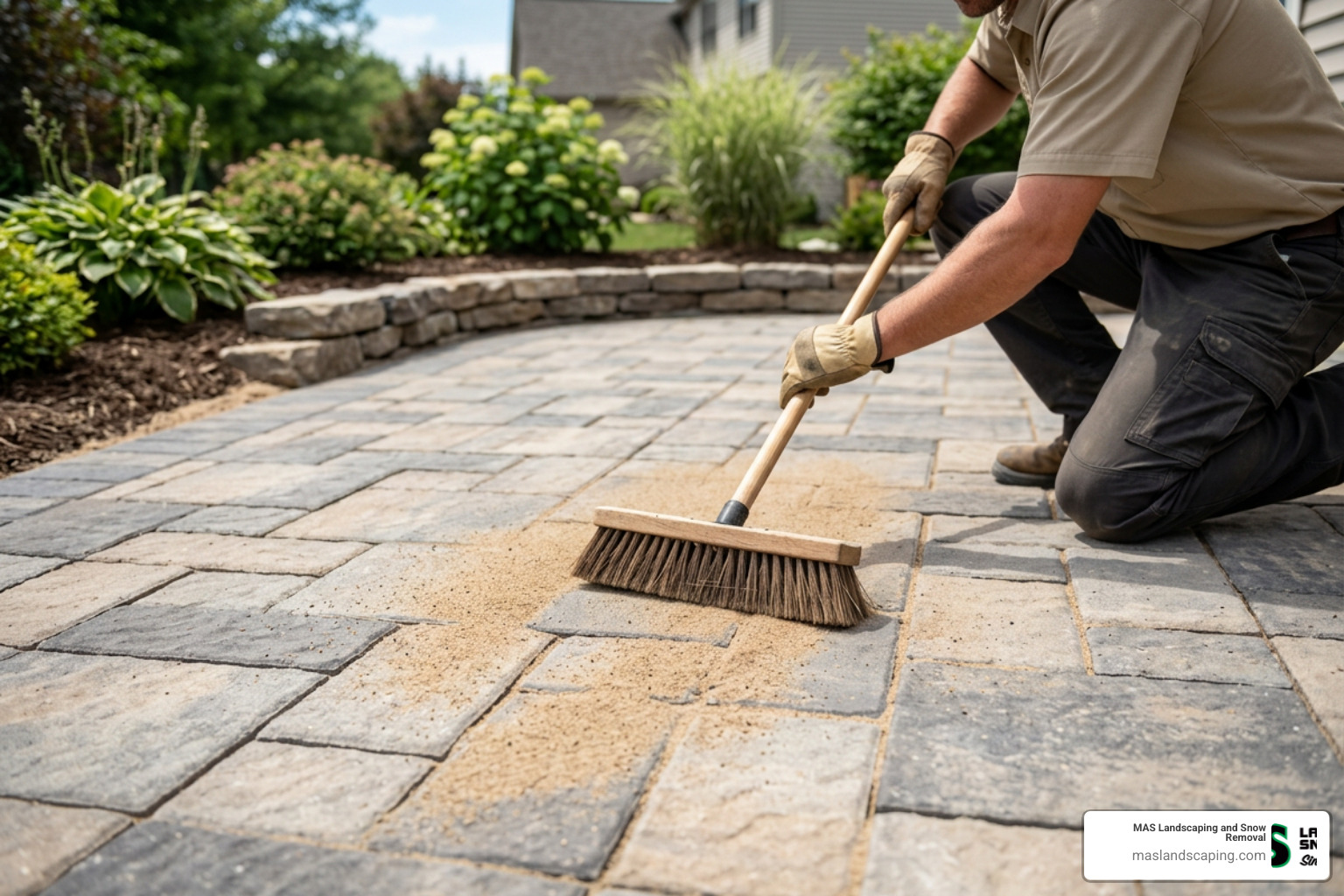 polymeric sand being swept into paver joints