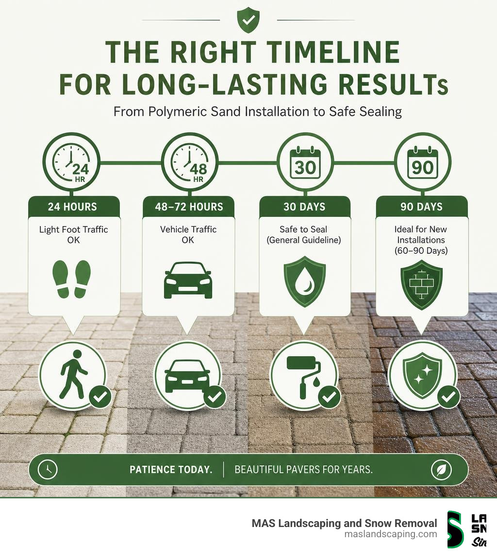Timeline infographic from polymeric sand installation to safe sealing, showing 24hr, 48hr, 30-day, and 90-day milestones