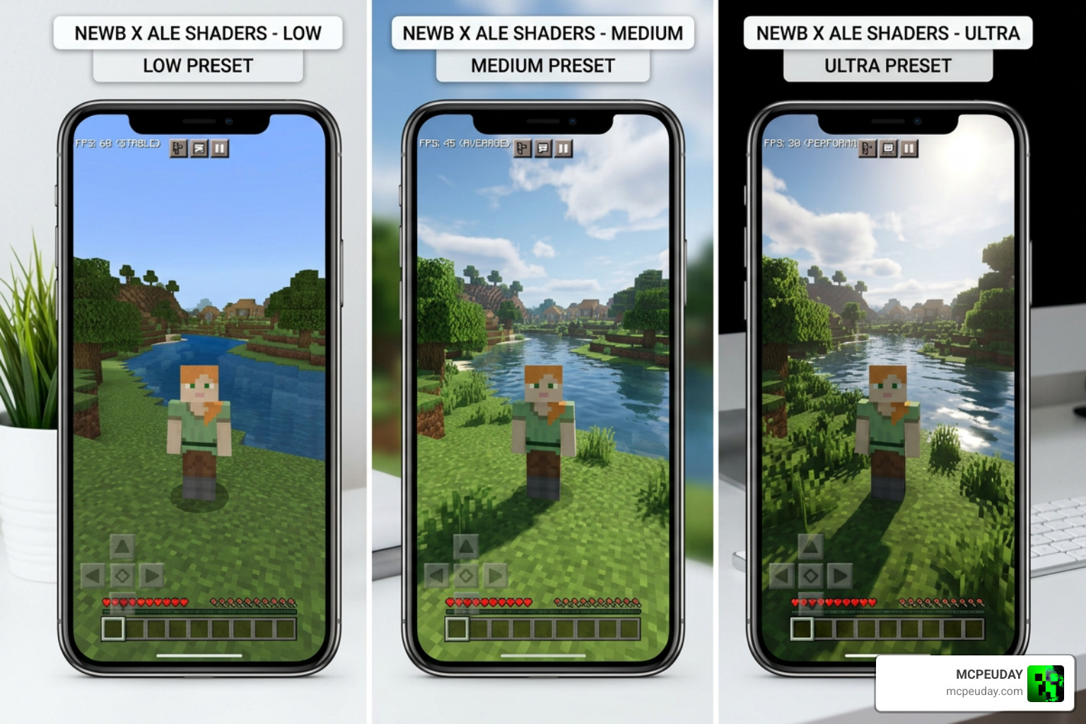 Performance comparison of Newb X Ale ShaderS Low Medium and Ultra presets on mobile