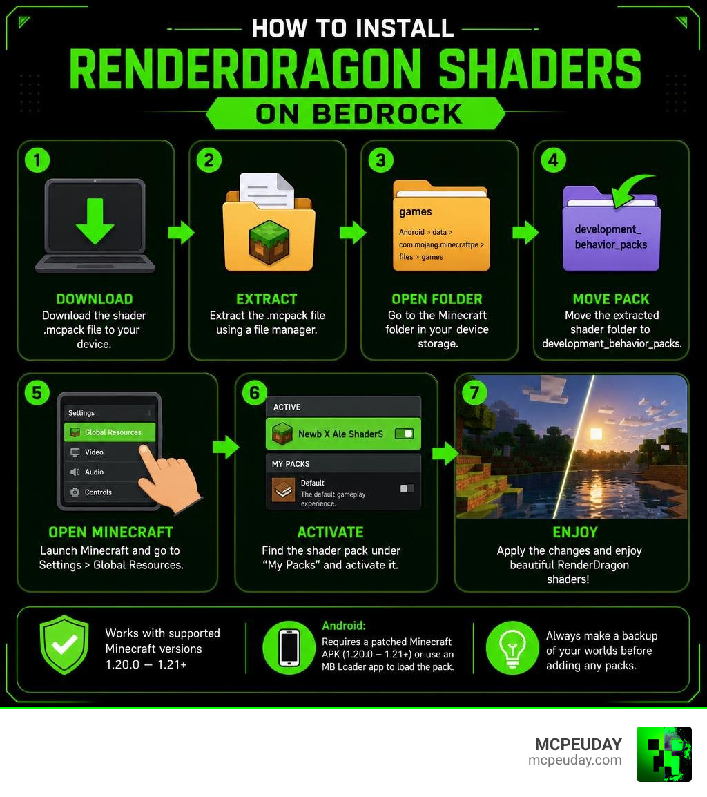 Step by step guide infographic for installing RenderDragon shaders on Bedrock infographic