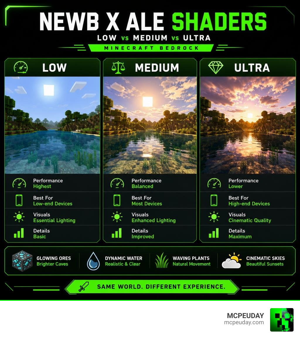 Infographic comparing Newb X Ale Shaders Low Medium Ultra versions for Minecraft Bedrock infographic