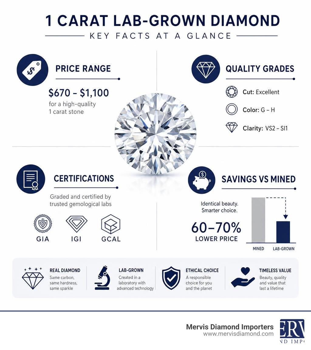 Infographic showing key facts about 1 carat lab-grown diamonds: price range, quality grades, certifications, and savings vs