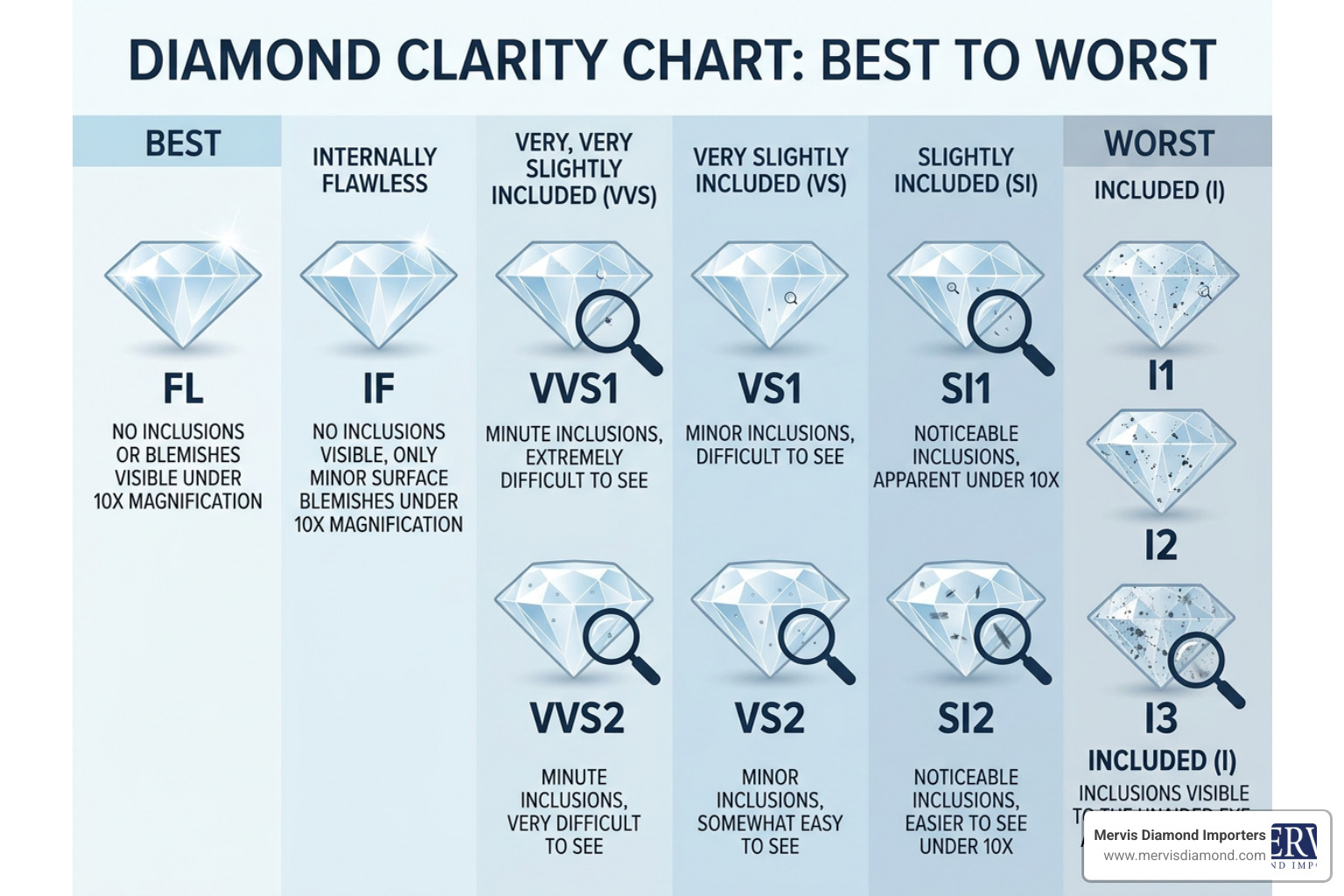 Official GIA diamond clarity chart illustrating grades from FL to I3 Official GIA diamond clarity chart illustrating grades from FL to I3