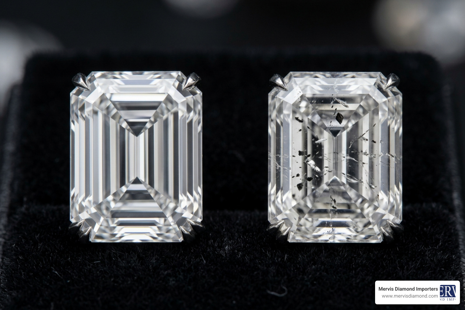 Clarity comparison of emerald cut diamonds showing the visual impact of step-cut facets Clarity comparison of emerald cut diamonds showing the visual impact of step-cut facets