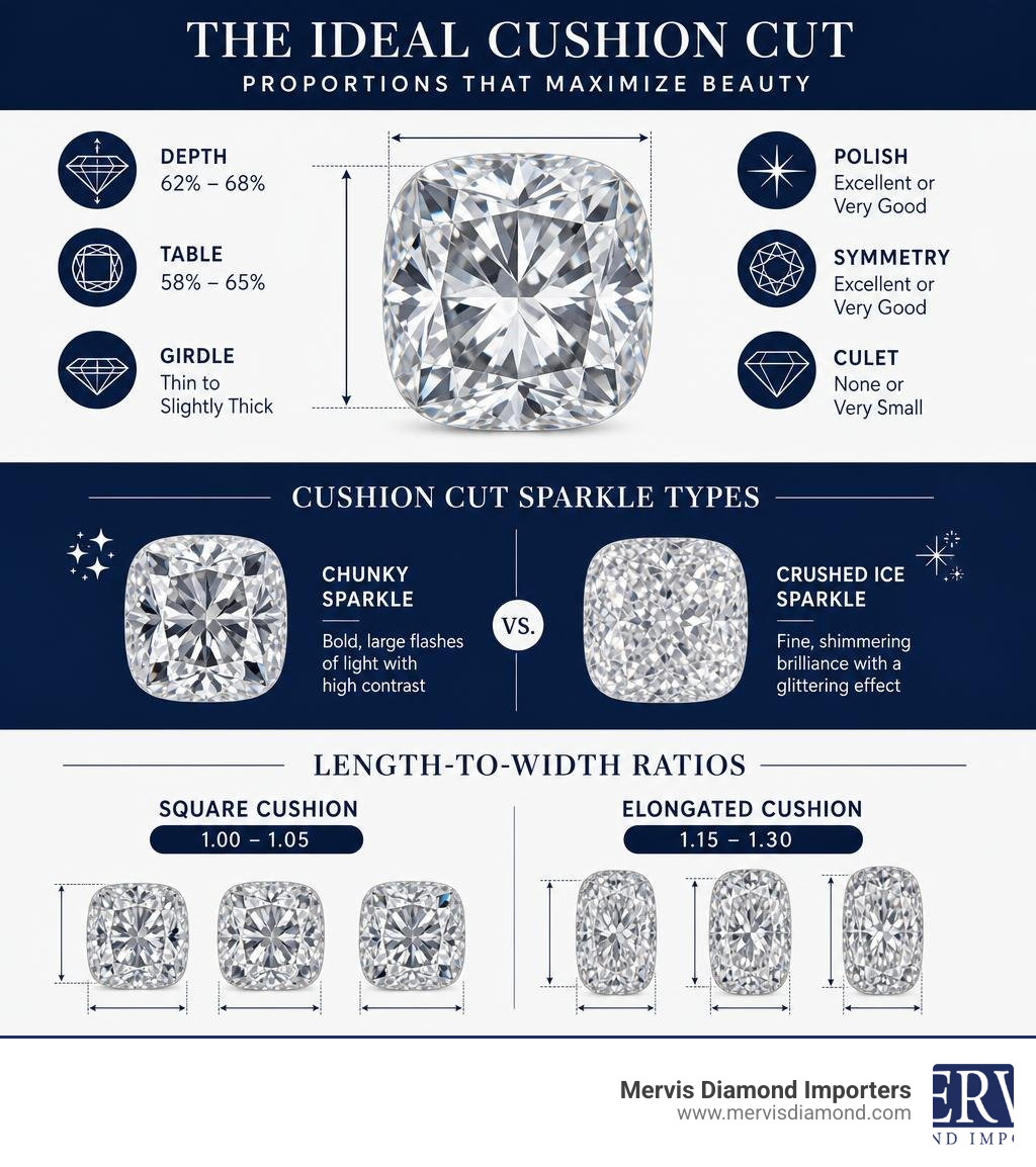 Infographic showing ideal cushion cut diamond proportions, sparkle types, and length-to-width ratios infographic Infographic showing ideal cushion cut diamond proportions, sparkle types, and length-to-width ratios infographic