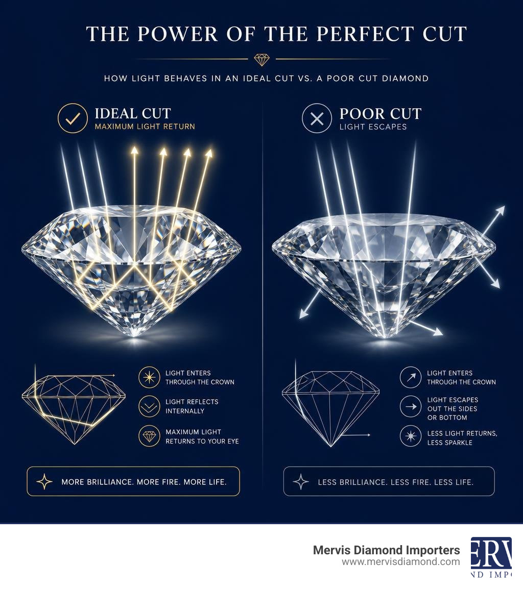 An infographic illustrating how light reflects perfectly through an ideal-cut diamond versus escaping through a poor cut