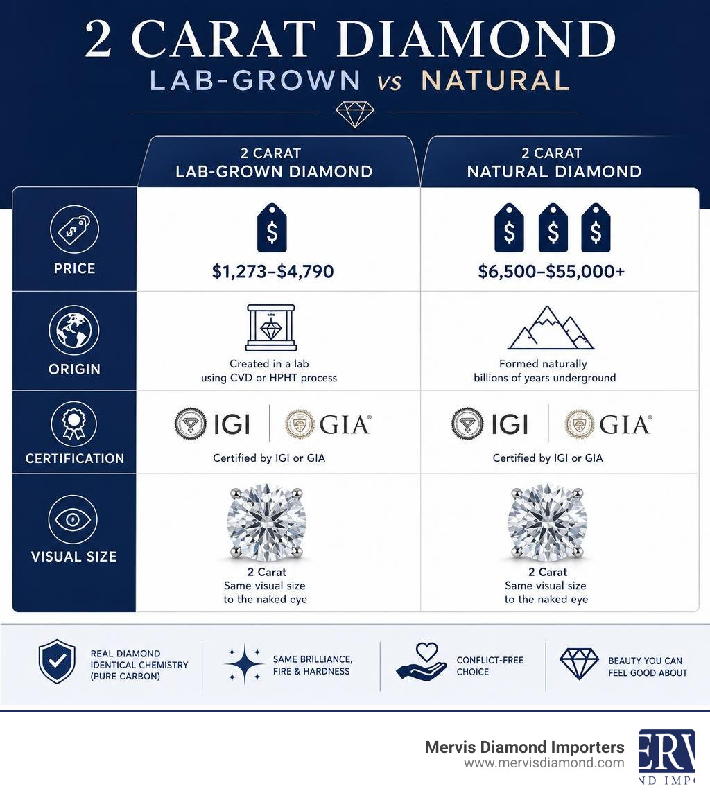 Infographic comparing 2 carat lab-grown vs natural diamond: price, origin, certification, and visual size infographic