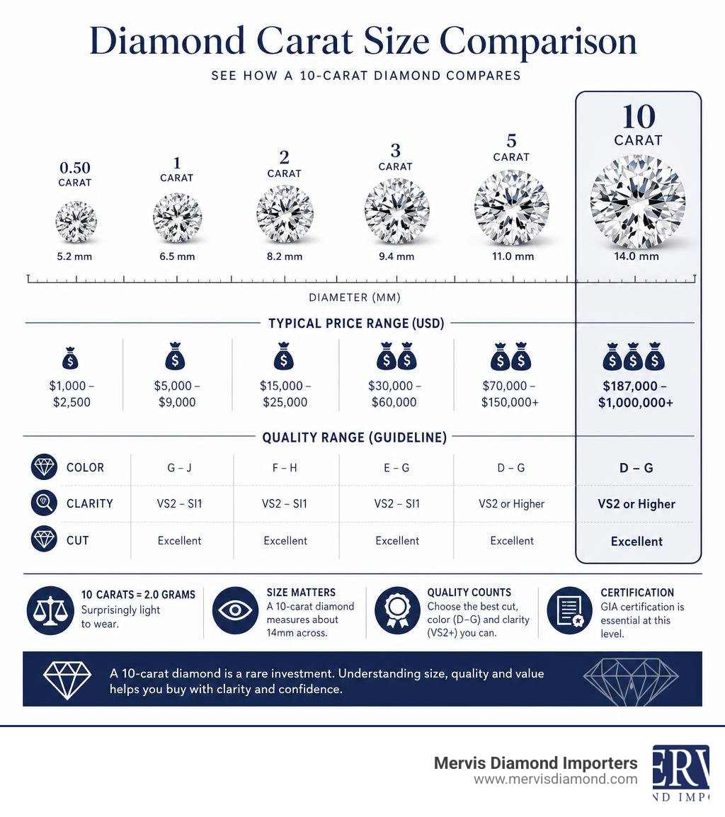 Infographic comparing 10-carat diamond size to common carat weights with price and quality ranges infographic