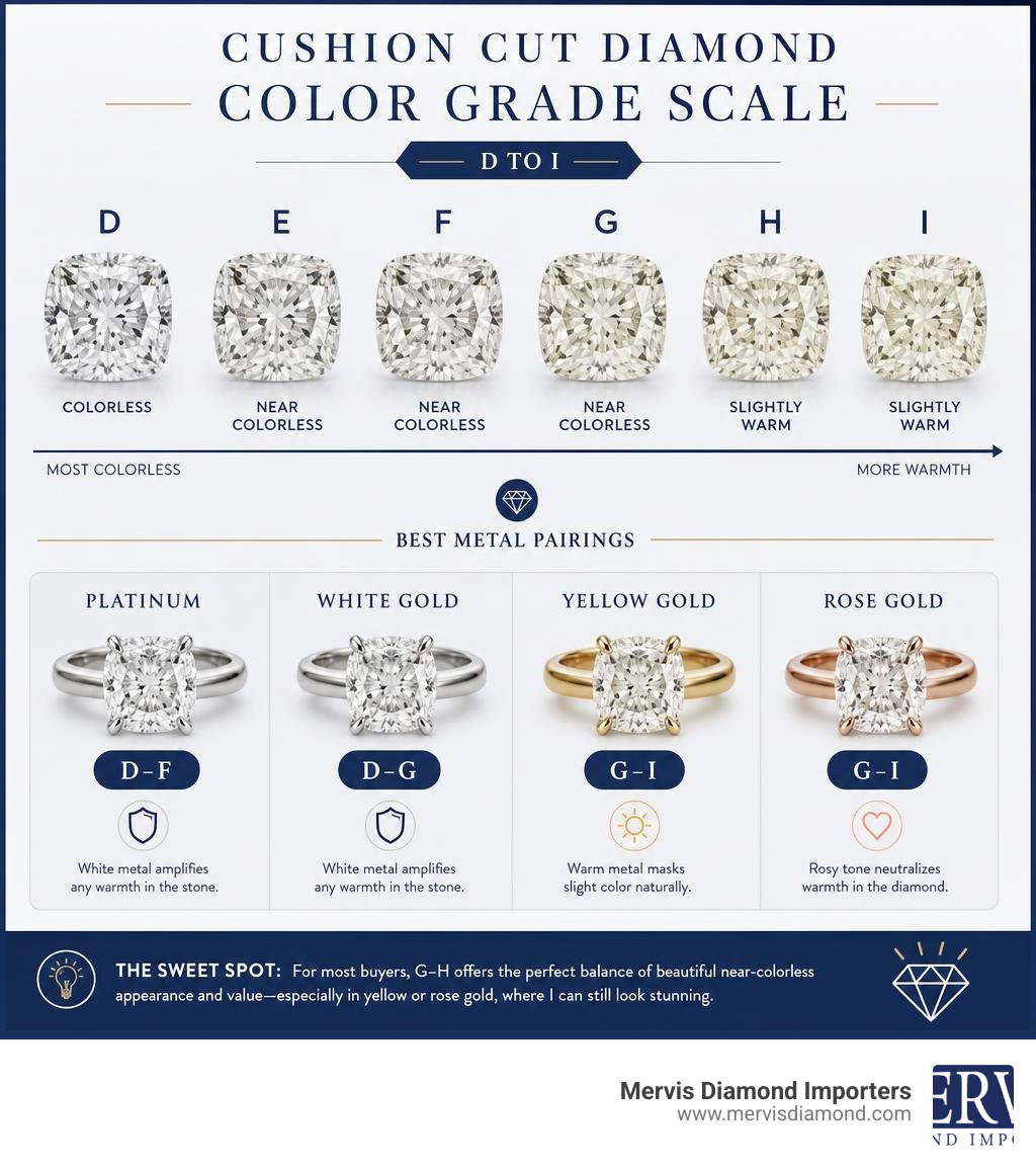 Cushion cut diamond color grade scale from D to I with metal pairing recommendations infographic Cushion cut diamond color grade scale from D to I with metal pairing recommendations infographic