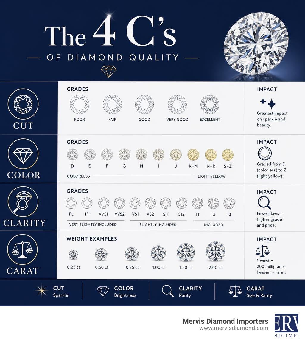 Infographic showing the 4Cs of diamond quality: Cut, Color, Clarity, and Carat with grades and impact infographic Infographic showing the 4Cs of diamond quality: Cut, Color, Clarity, and Carat with grades and impact infographic