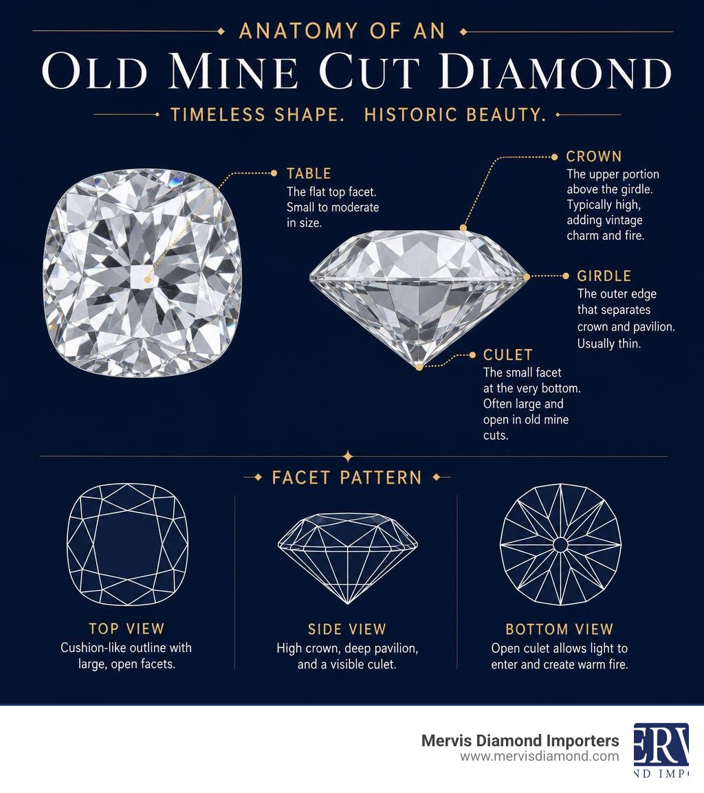 Infographic: anatomy of an old mine cut diamond showing table, crown, girdle, culet, and facet pattern infographic Infographic: anatomy of an old mine cut diamond showing table, crown, girdle, culet, and facet pattern infographic