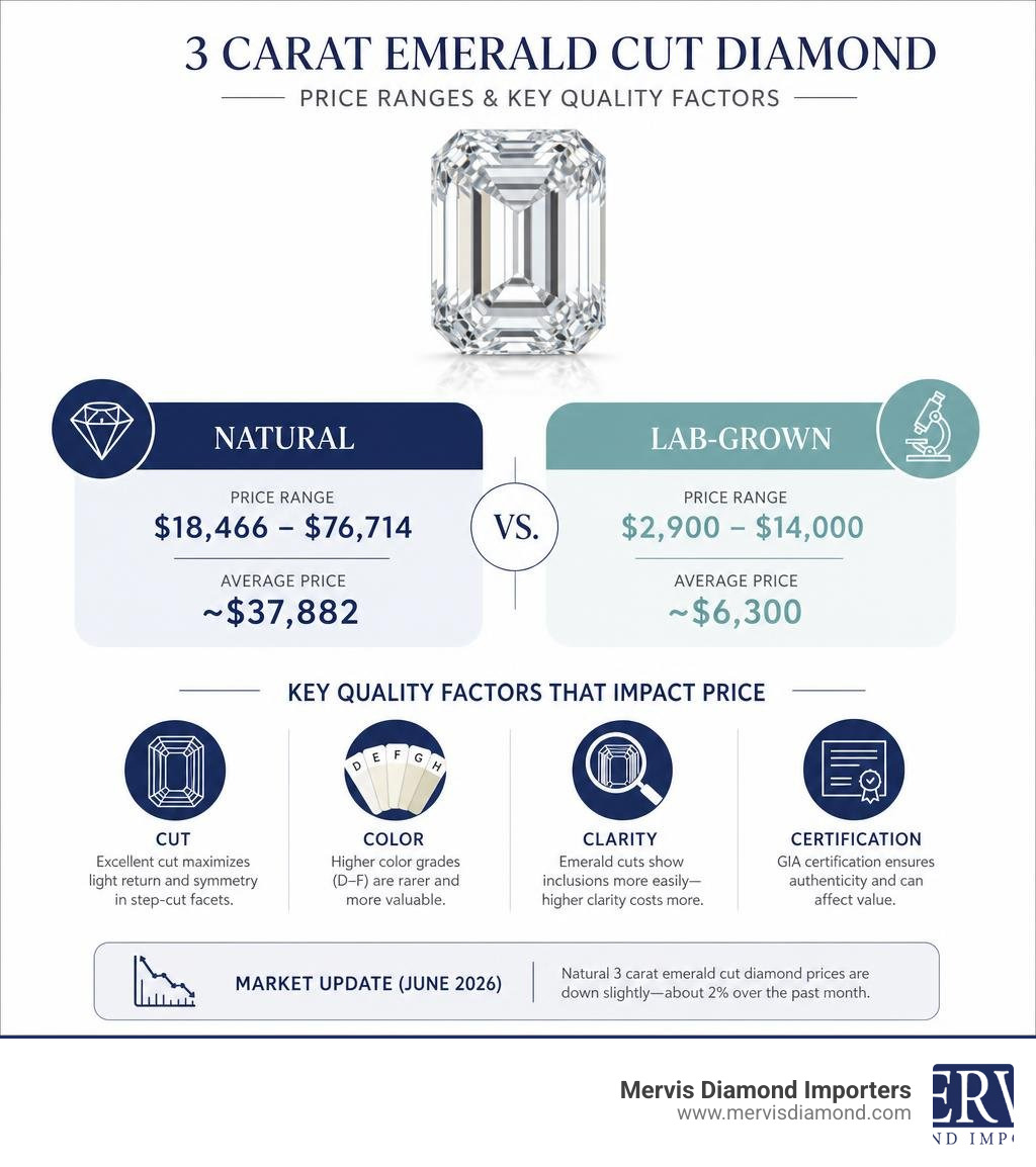 Infographic showing 3 carat emerald cut diamond price ranges for natural vs lab-grown with key quality factors infographic Infographic showing 3 carat emerald cut diamond price ranges for natural vs lab-grown with key quality factors infographic