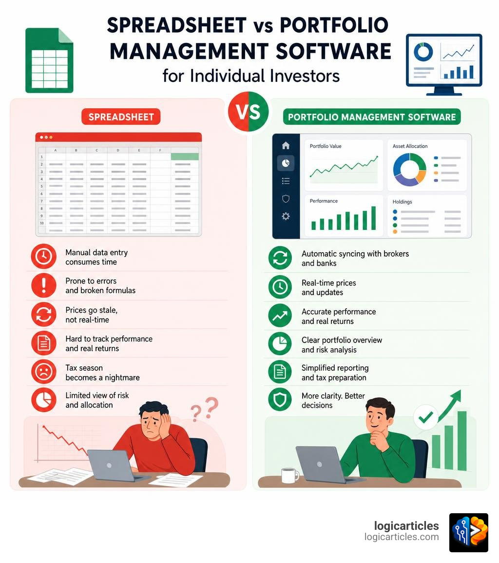 Spreadsheet vs portfolio management software comparison infographic for individual investors infographic Spreadsheet vs portfolio management software comparison infographic for individual investors infographic