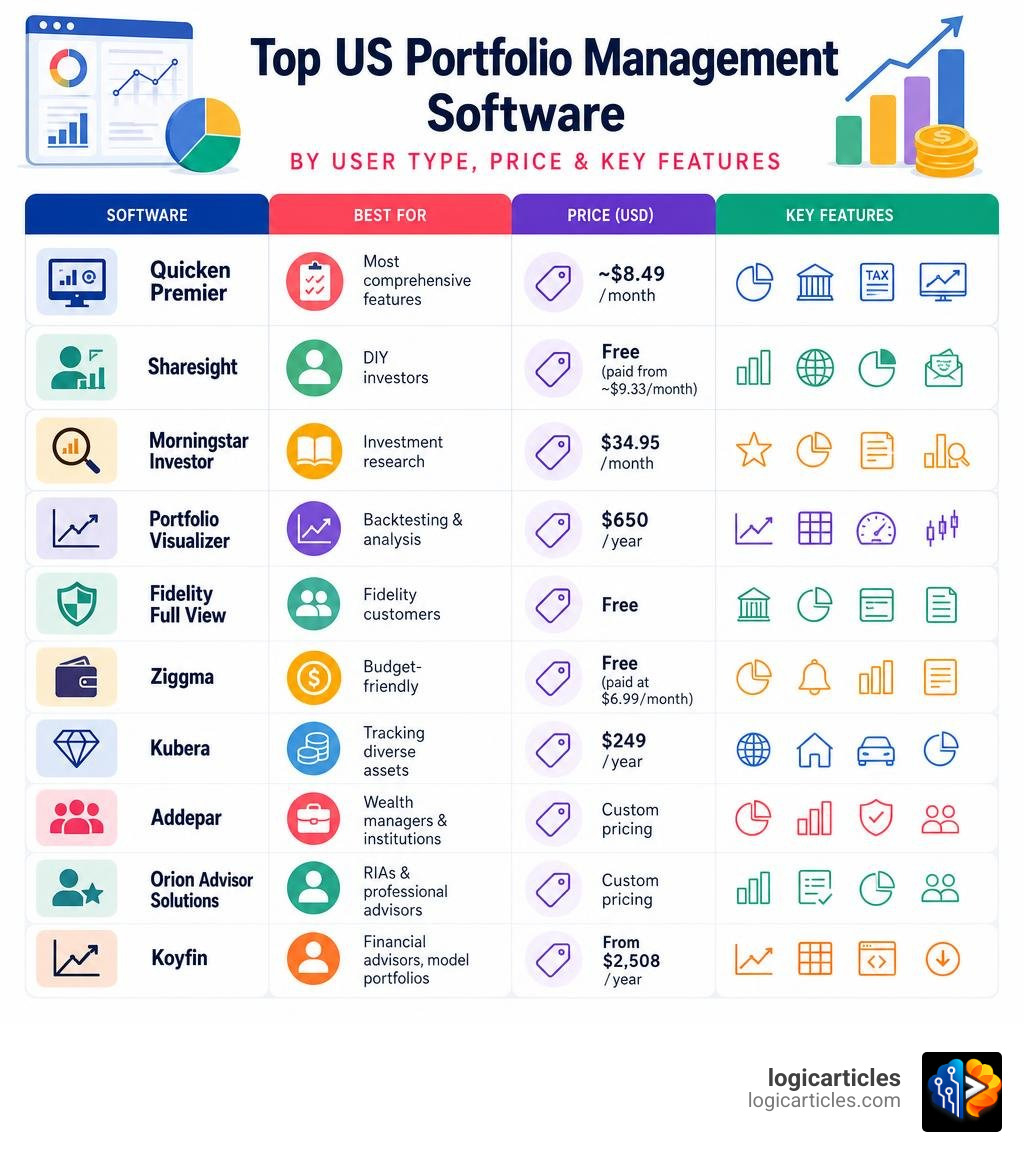 Infographic comparing top US portfolio management software by user type, price, and key features infographic Infographic comparing top US portfolio management software by user type, price, and key features infographic
