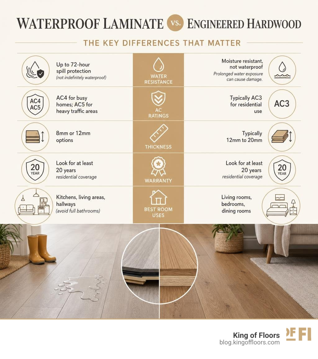 Infographic comparing waterproof laminate and engineered hardwood: water resistance, AC ratings, thickness, warranty, and