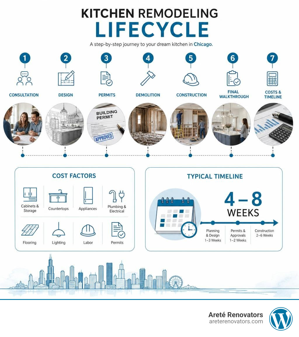Kitchen remodeling lifecycle infographic: consultation, design, permits, demolition, construction, final walkthrough, costs