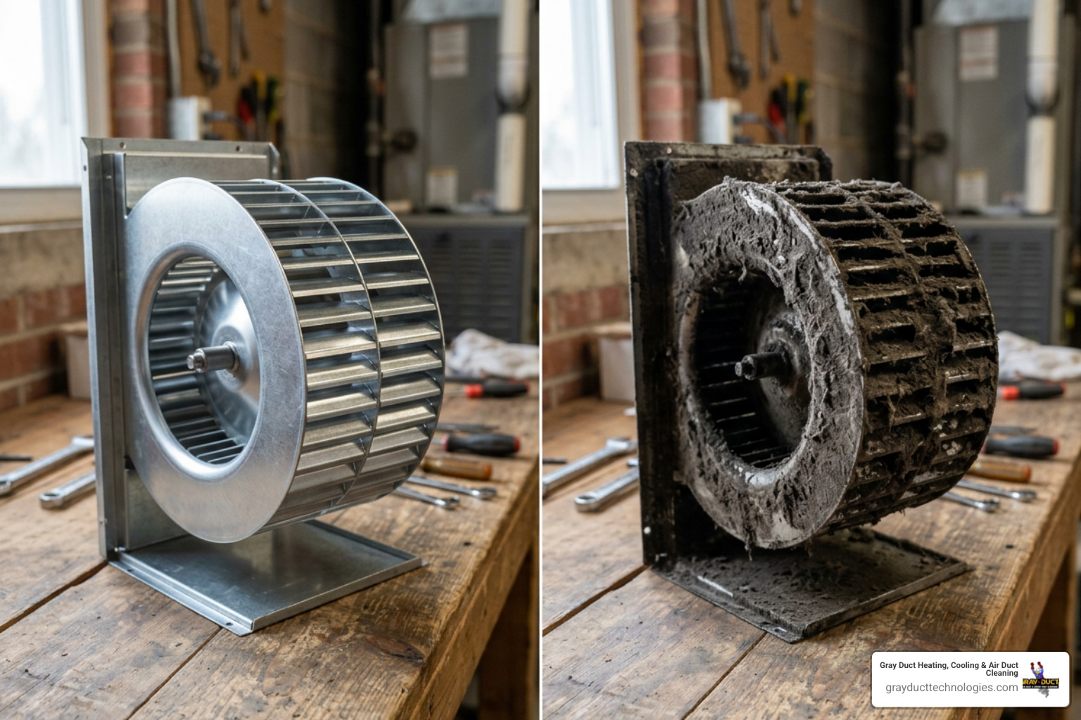 Clean vs dirty blower wheel side-by-side comparison Clean vs dirty blower wheel side-by-side comparison