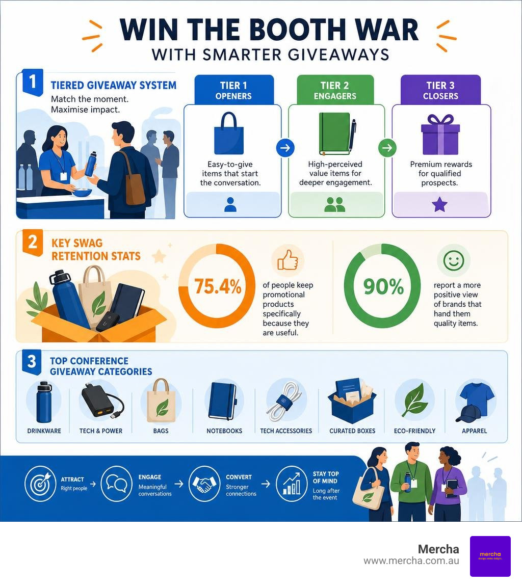 Infographic showing the booth war strategy: tiered giveaway system, key swag retention stats, and top conference giveaway Infographic showing the booth war strategy: tiered giveaway system, key swag retention stats, and top conference giveaway