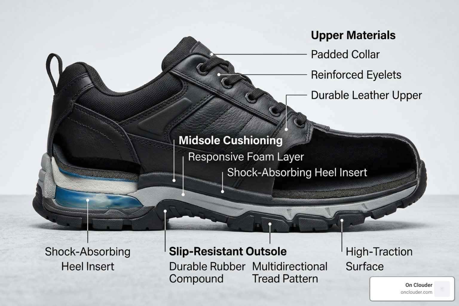 anatomy of a supportive work shoe highlighting the upper, midsole, and outsole anatomy of a supportive work shoe highlighting the upper, midsole, and outsole