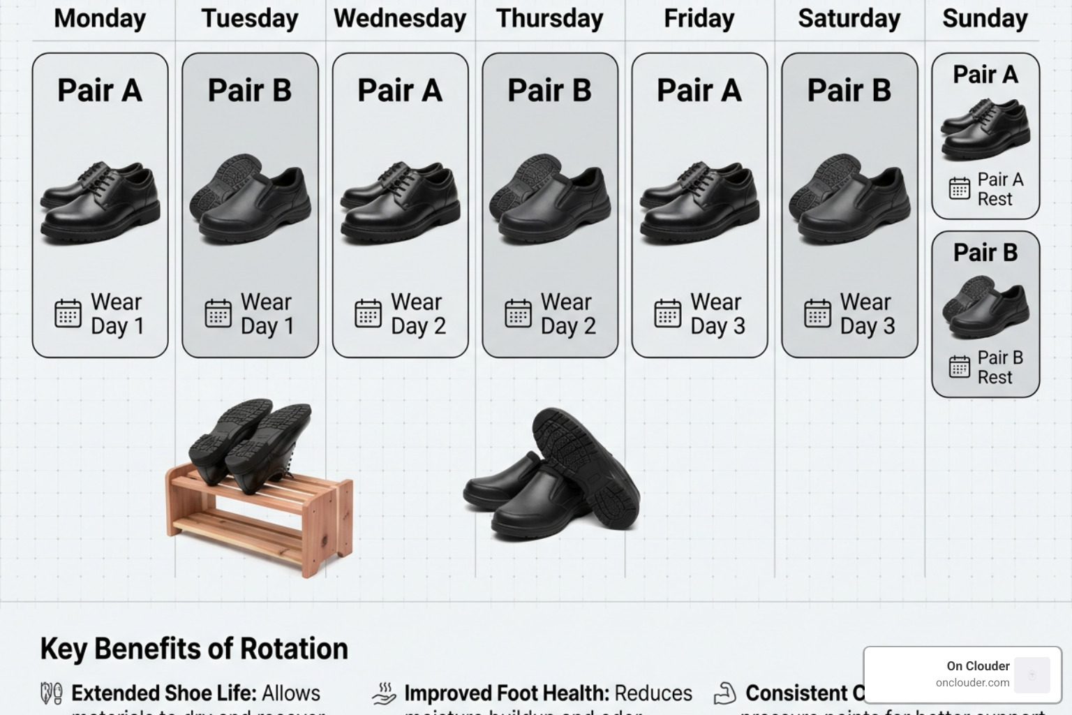 diagram of a proper two-shoe rotation schedule for work shifts diagram of a proper two-shoe rotation schedule for work shifts