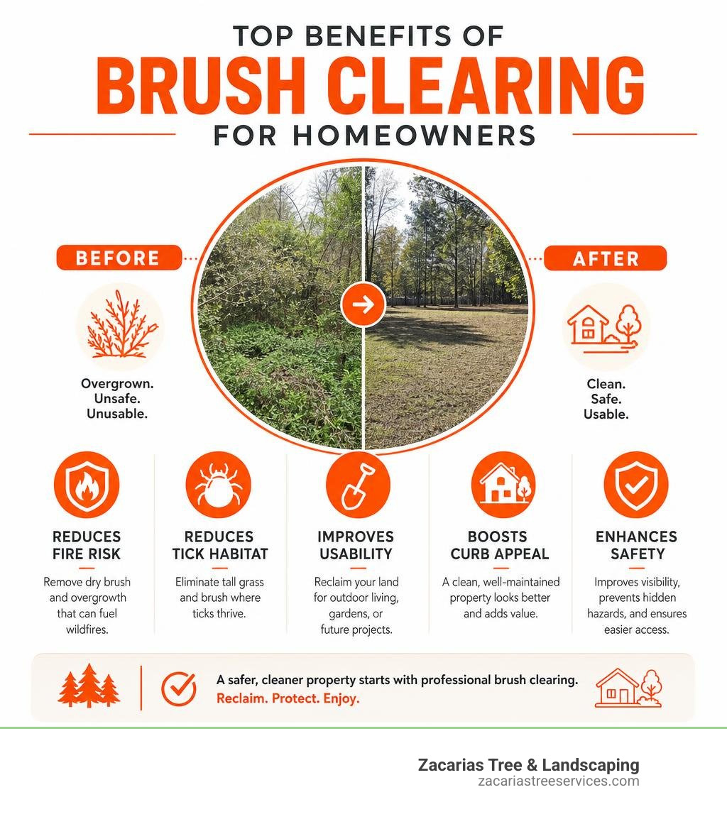 Infographic showing top benefits of brush clearing service for homeowners infographic Infographic showing top benefits of brush clearing service for homeowners infographic