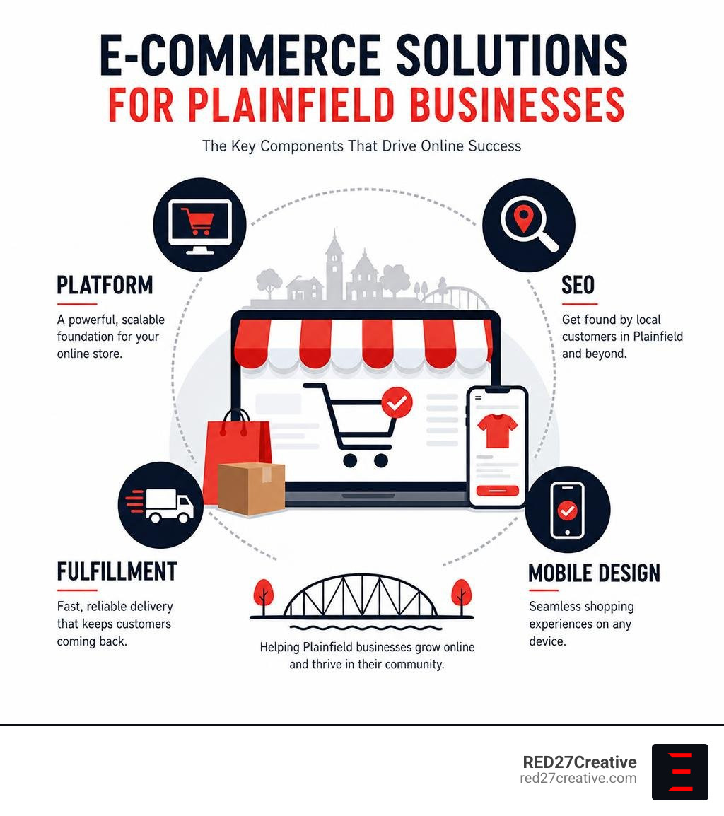 Infographic showing key ecommerce solutions components for Plainfield businesses including platform, SEO, fulfillment, and Infographic showing key ecommerce solutions components for Plainfield businesses including platform, SEO, fulfillment, and