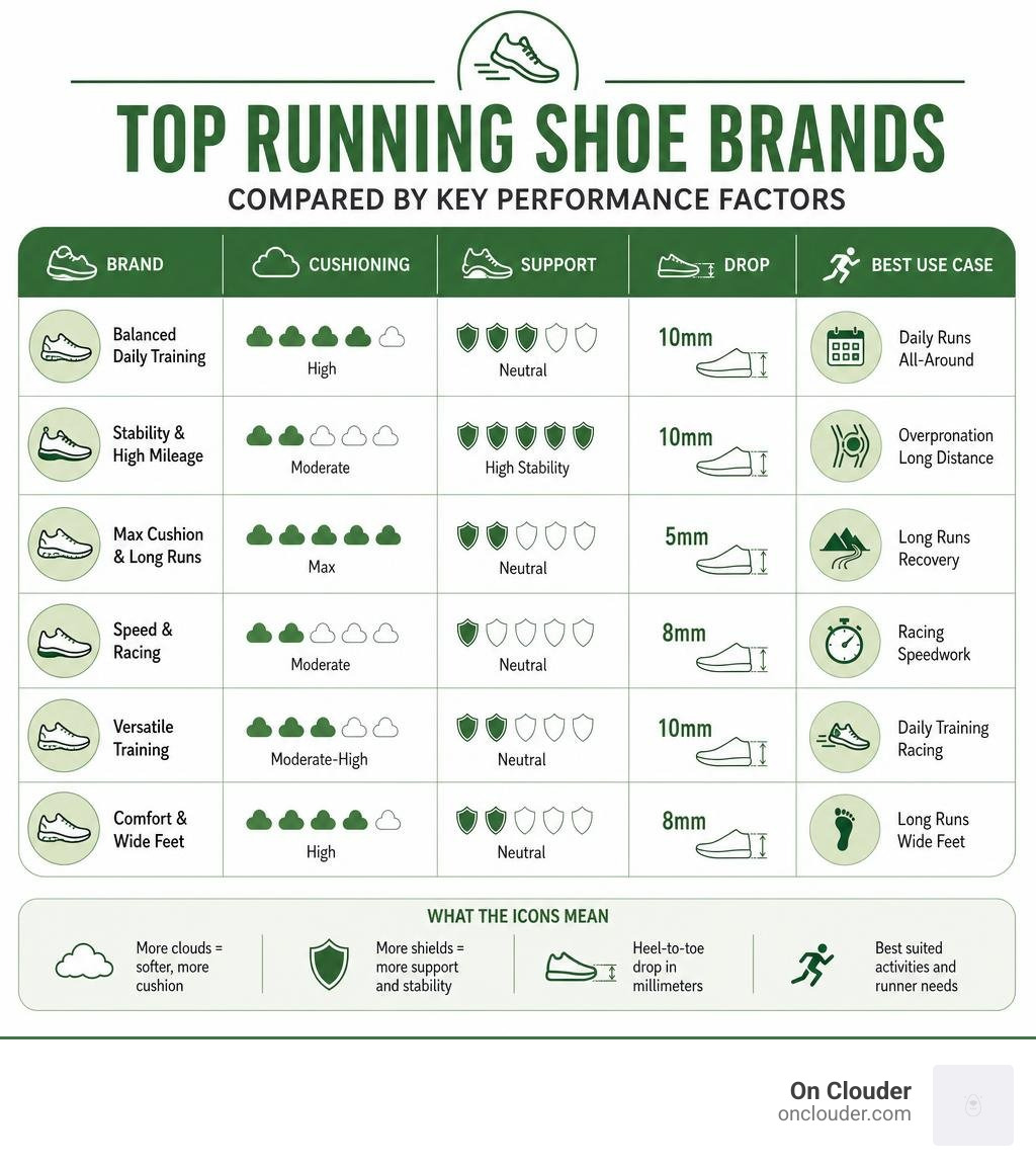 Infographic comparing top running shoe brands by cushioning, support, drop, and best use case infographic