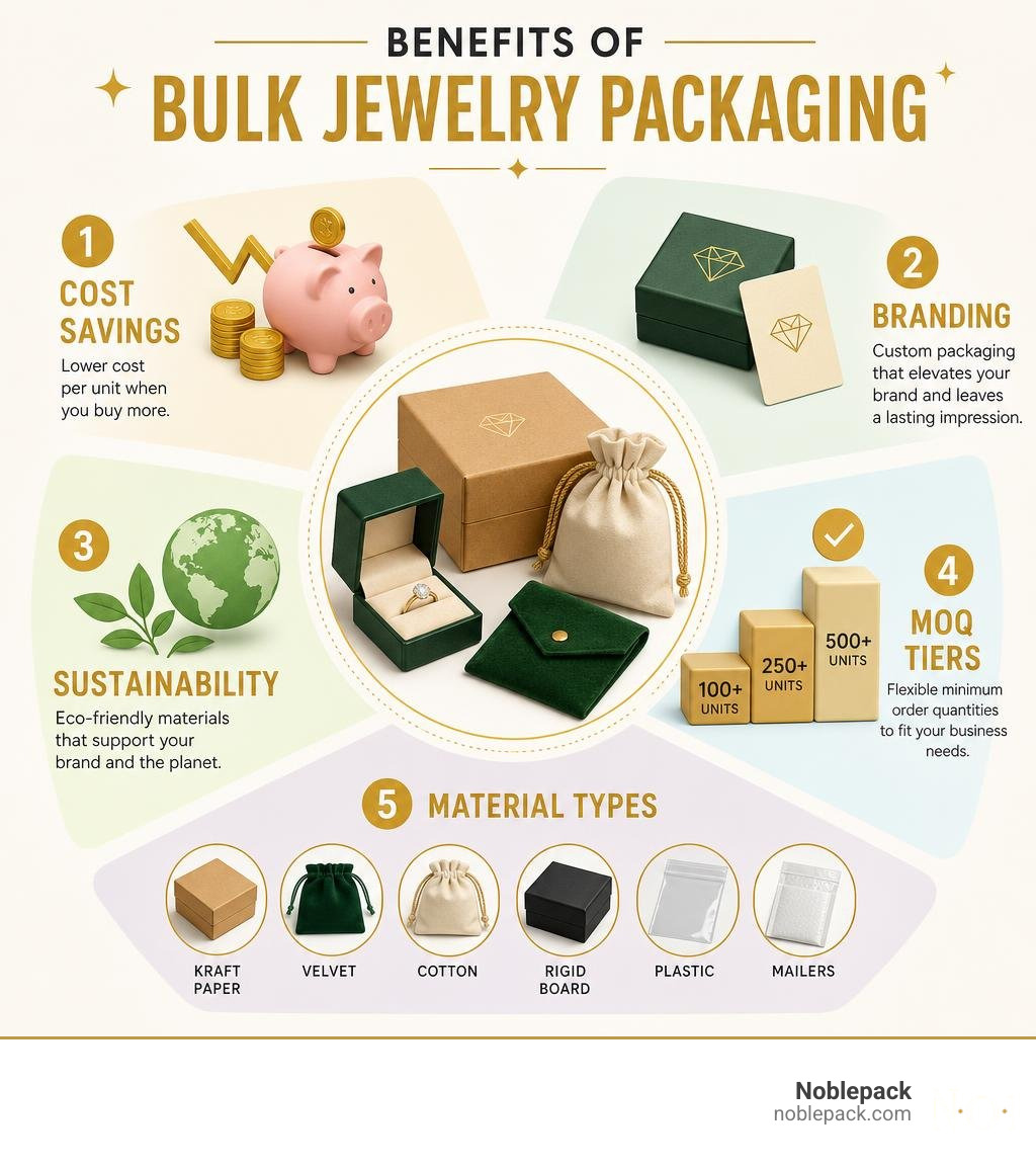 Benefits of bulk jewelry packaging: cost savings, branding, sustainability, MOQ tiers, and material types infographic Benefits of bulk jewelry packaging: cost savings, branding, sustainability, MOQ tiers, and material types infographic