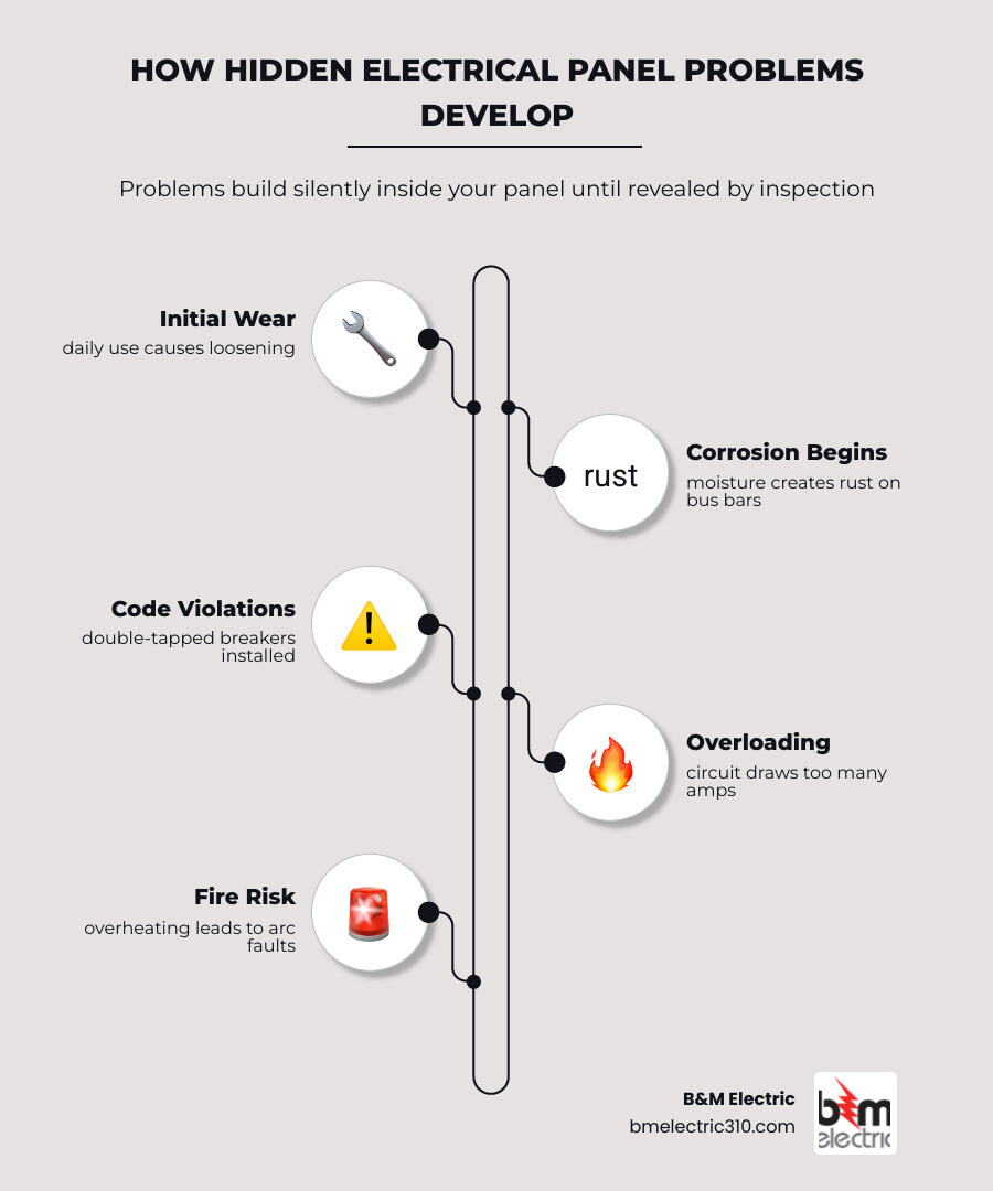 Infographic showing how hidden electrical panel issues develop over time and what inspections uncover infographic