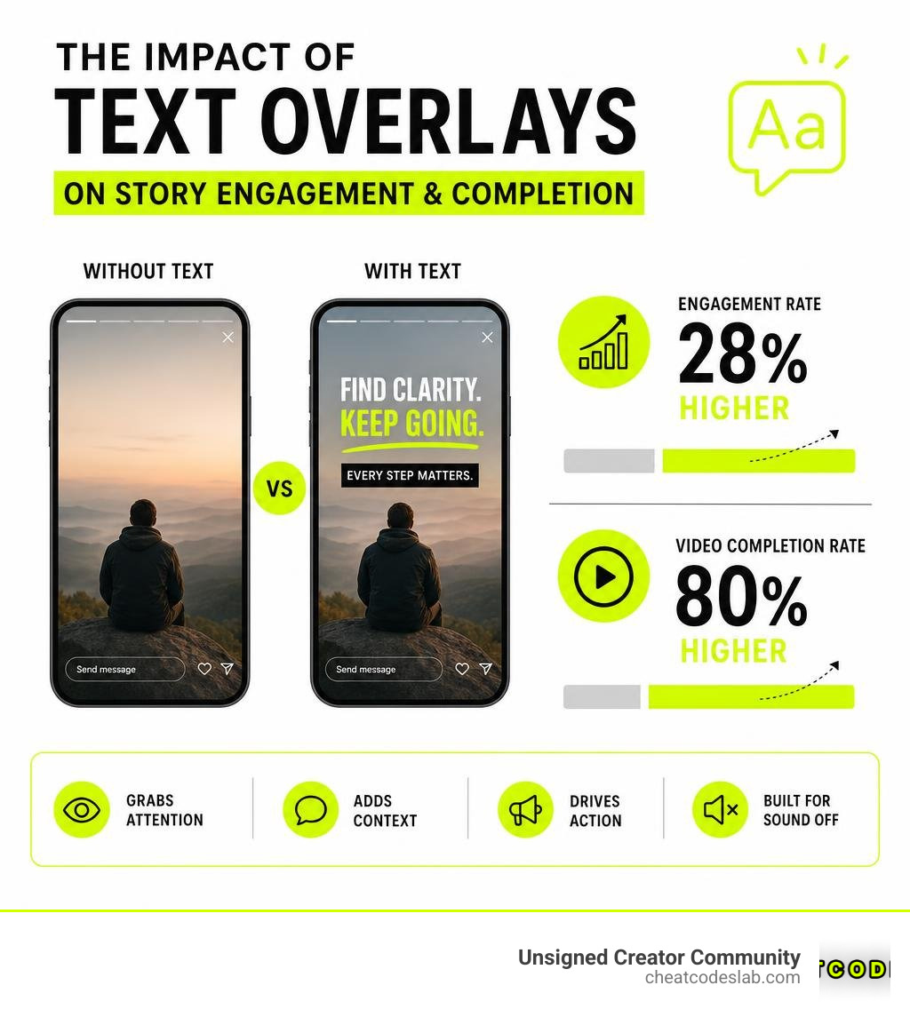 Infographic showing impact of text overlays on Instagram Story engagement and completion rates infographic